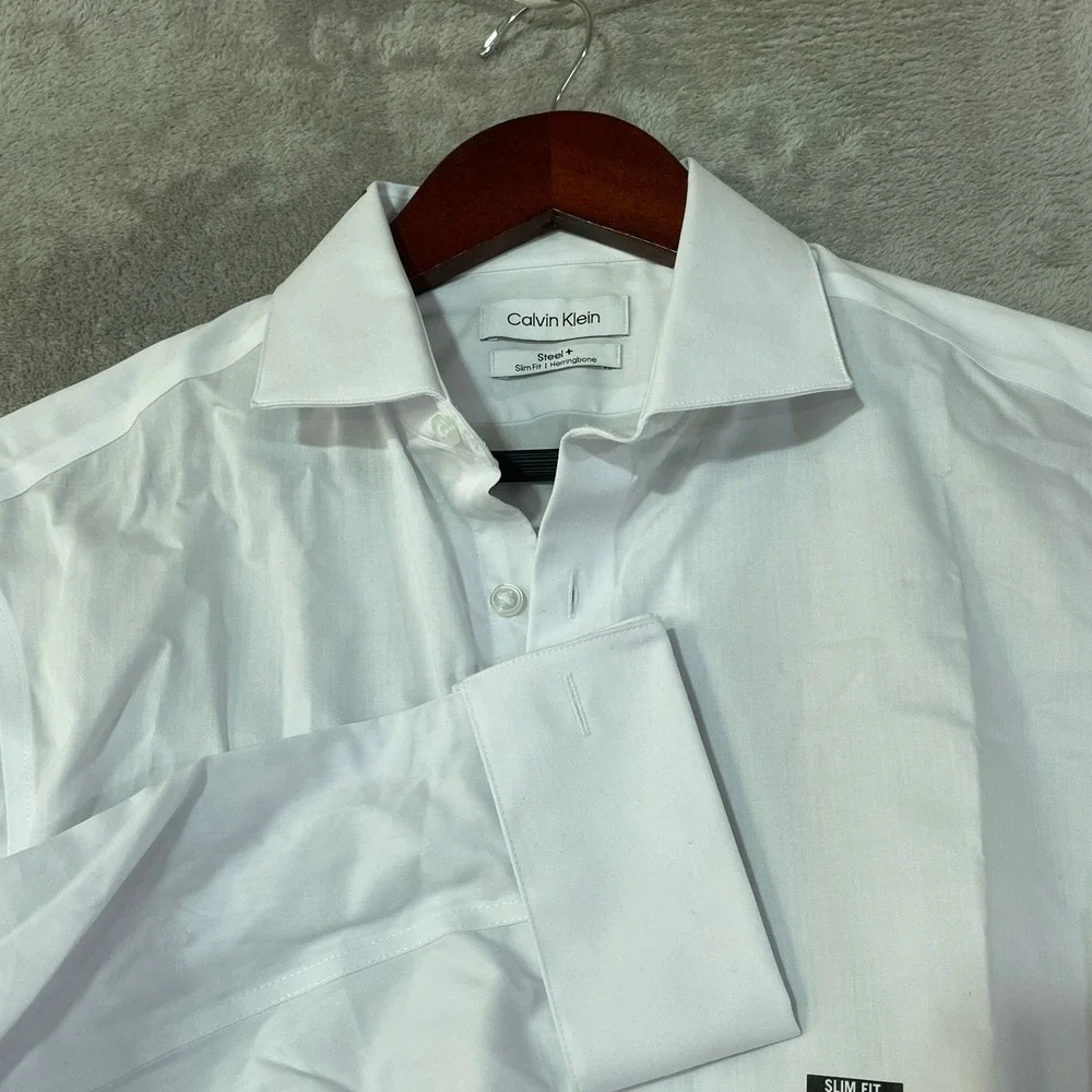 NWT Calvin Klein Dress Shirt Mens 15.5 M White Cotton Steel+ Slim French Cuff